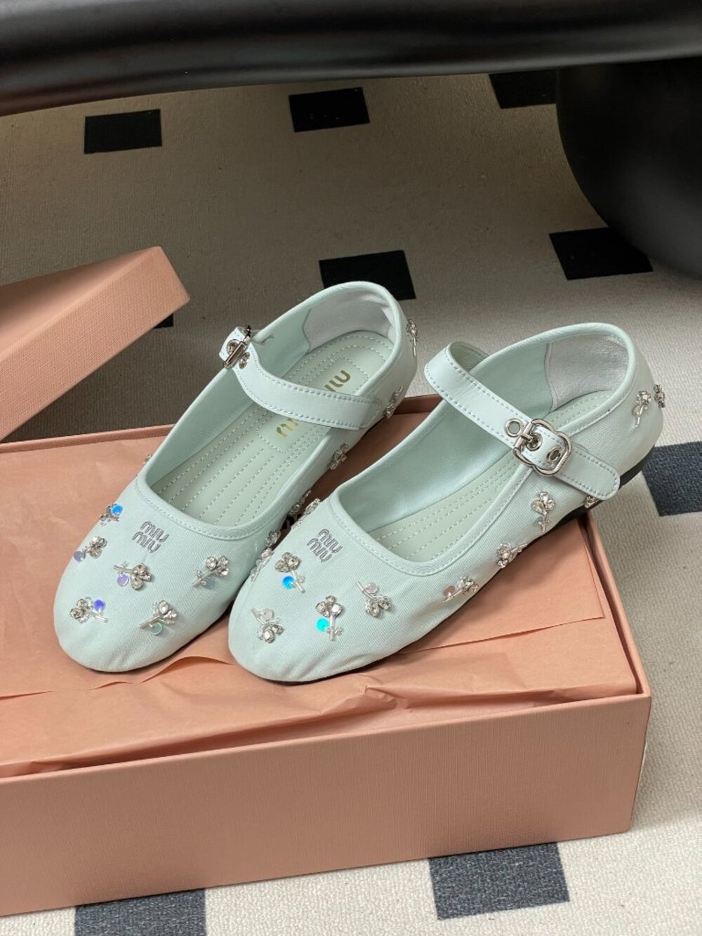 Miu Miu Light Blue Rhinestone-Embellished Mary Jane Ballet Flats - Picture 8 of 9